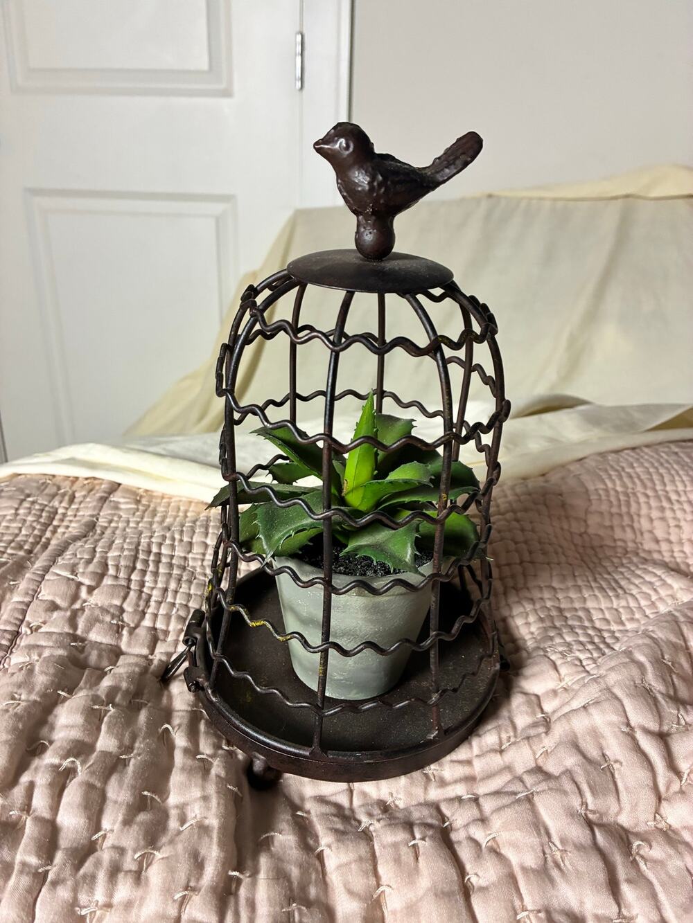 Metal Bird Cage Planter Bird Finial Faux Succulent Rustic Farmhouse Cottage Deco